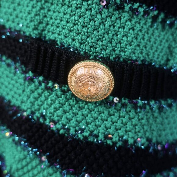 Balmain Sequin-Embellished Striped Distressed Knit Cardigan Green/Black Size 42 - Picture 4 of 9